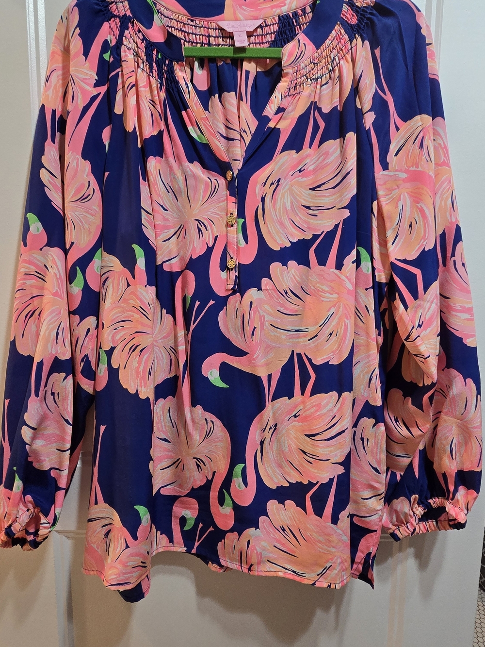 Lilly Pulitzer Navy Silk Elsa top with Pink Flamingo Print Size XL